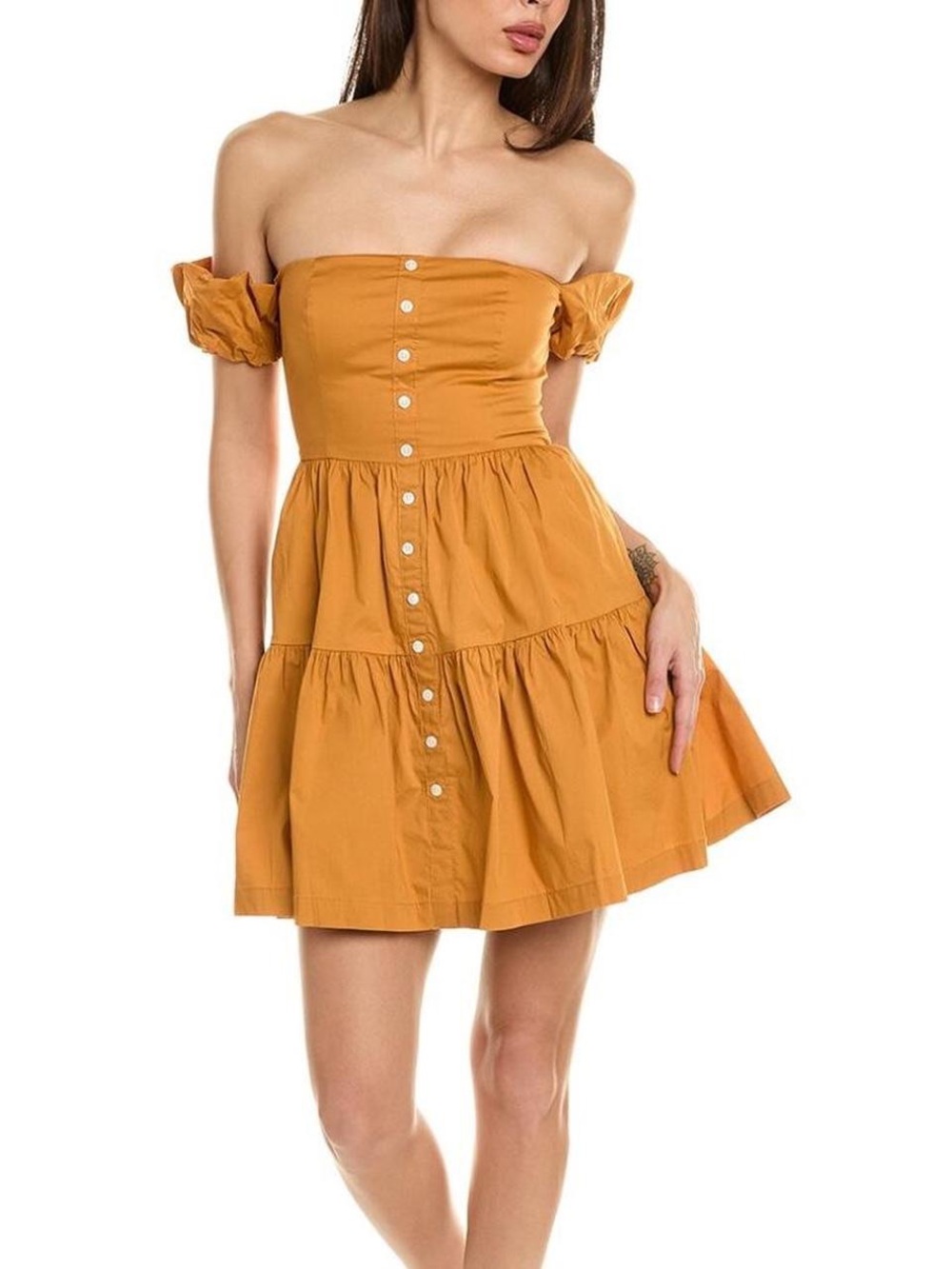 STAUD Elio Off-Shoulder Tiered Button Mini Dress in Honey